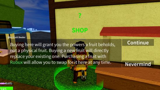 Blox Fruits: Hướng dẫn đầy đủ về stock, thời gian restock, Mirage stock và cách sở hữu trái ác quỷ yêu thích 1 blox fruits stock dealer dialogue 550x309 gamen.vn